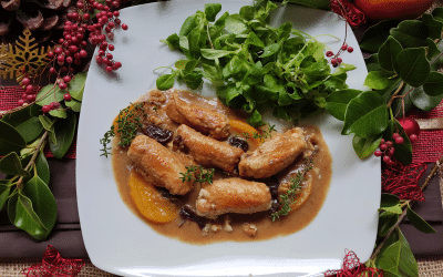 Popietas de pollo con melocotones y frutos secos al brandy